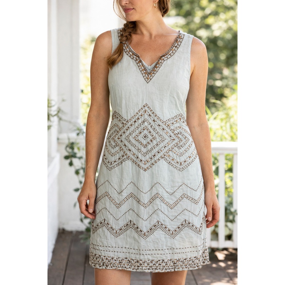 Bella‎ Tu Linen Dress Size 6 Sleeveless Embroidered Boho Shift V Neck Blue